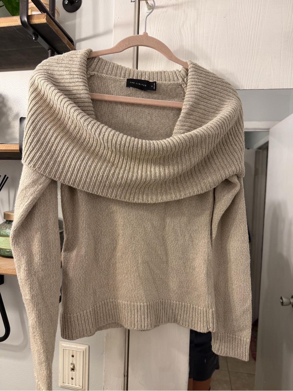 The Limited Wool blend Cream Off-the-Shoulder Ribbed Cowl Sweater
